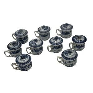 9 Chinese Export Porcelain cup & Cover Pot de Creme 19th C. Canton Blue & White